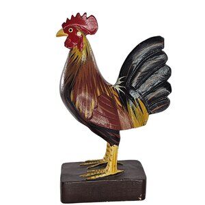 Hand Carved Wooden Rooster Figurine Chicken Folk Art Painted